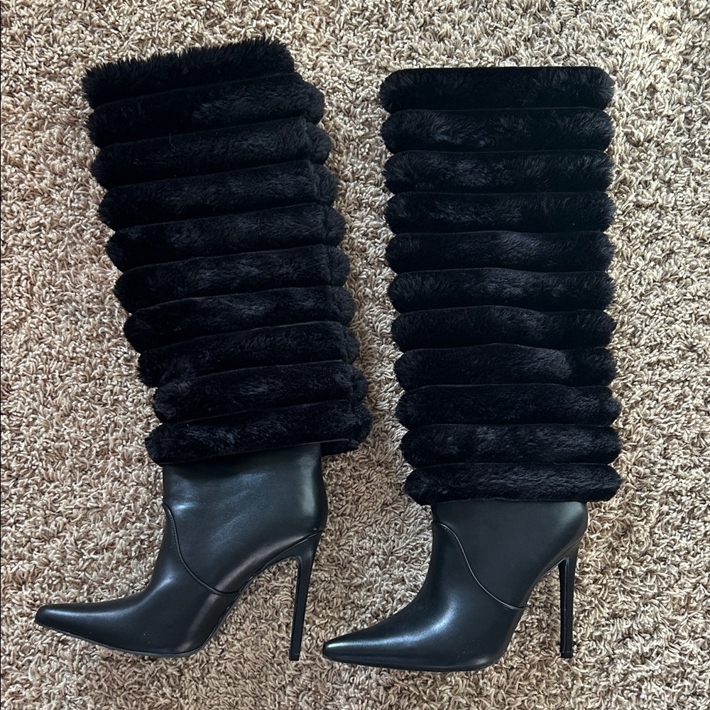 Fashion Nova Black Faux Fur Heeled Boots in Women’s Size 7.5